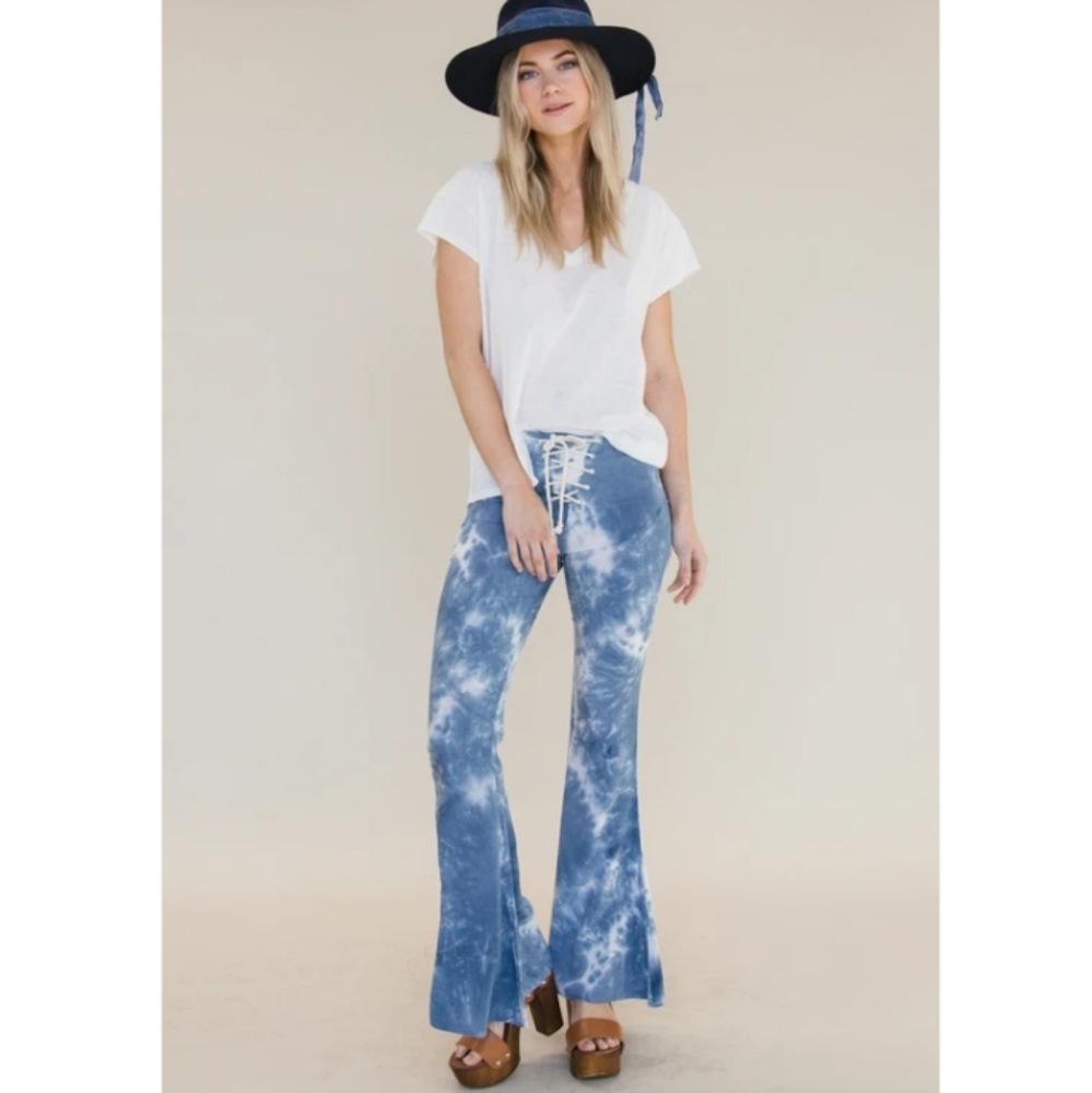 Lenni Jimi Pants Bell Bottom High Rise Tie Dye Body Con Lace Up Soft Sm & Md NWT
